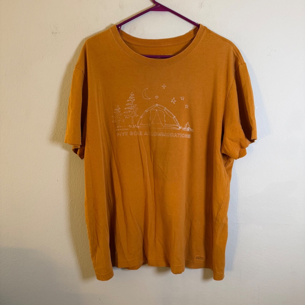 Life‎ is Good Mens XL Orange Crusher Tee Five Star Accommodations Camping Shirt